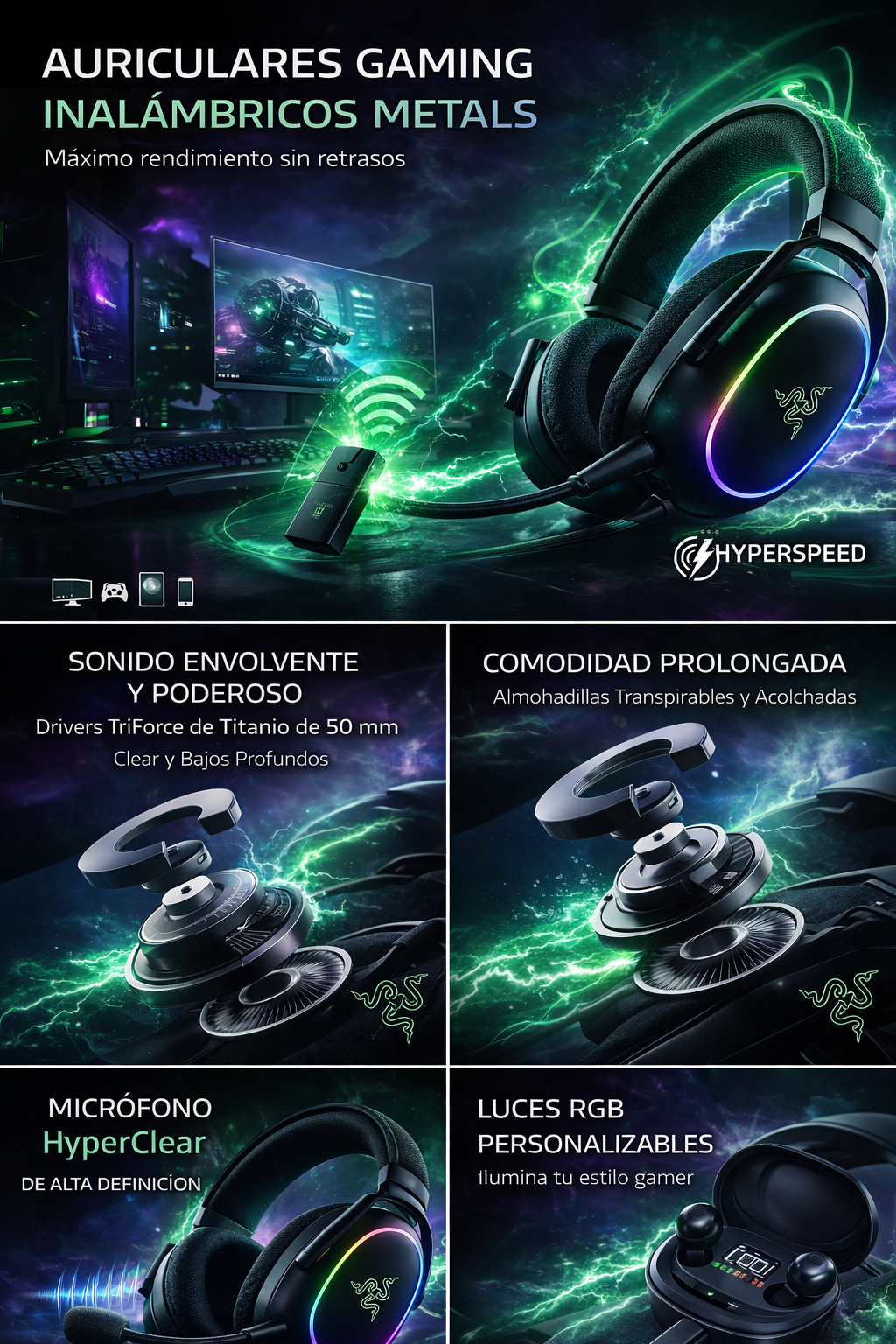 Blackshark V2 Pro Wireless PC Gaming Headset, 2.4GHz, BT, Hyperspeed Wireless, 70 horas de batería, 320G, negro