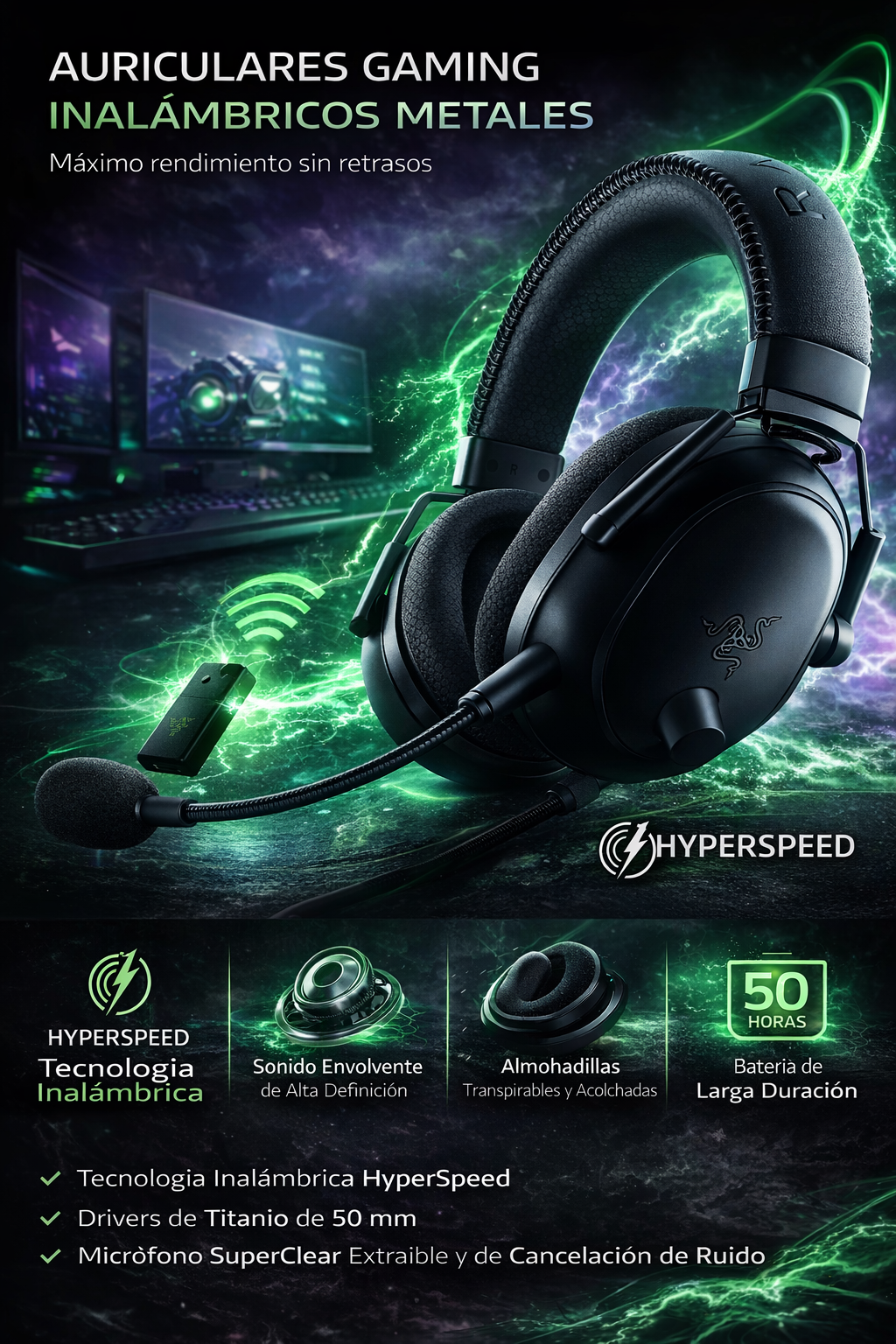 Blackshark V2 Pro Wireless PC Gaming Headset, 2.4GHz, BT, Hyperspeed Wireless, 70 horas de batería, 320G, negro