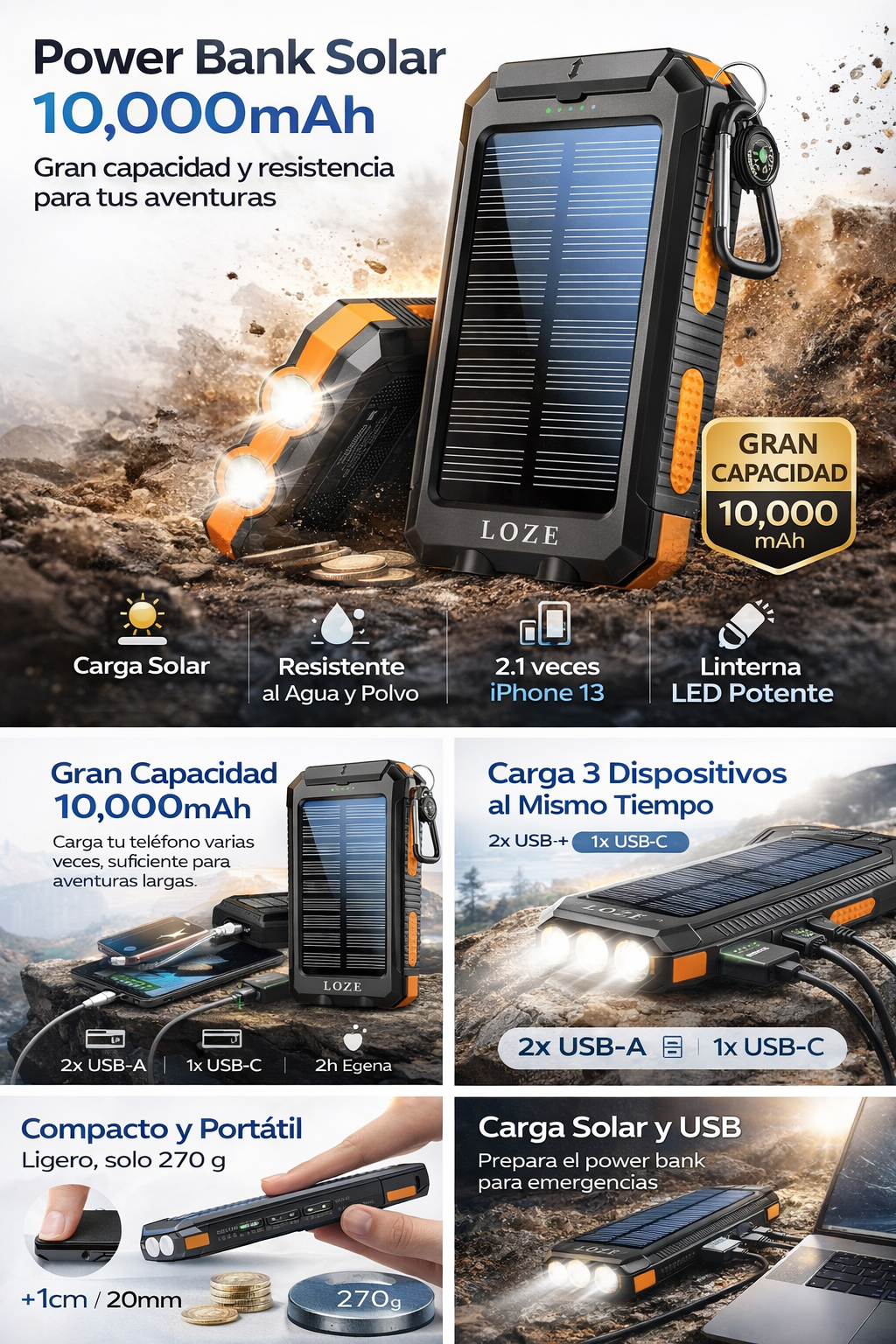 Power Bank 10000 Mah Cargador solar para teléfono, Cargador portátil Fast Charger Dual USB Dual Linterna LED y brújula integradas, Banco de Energía Portátil Impermeable IP65