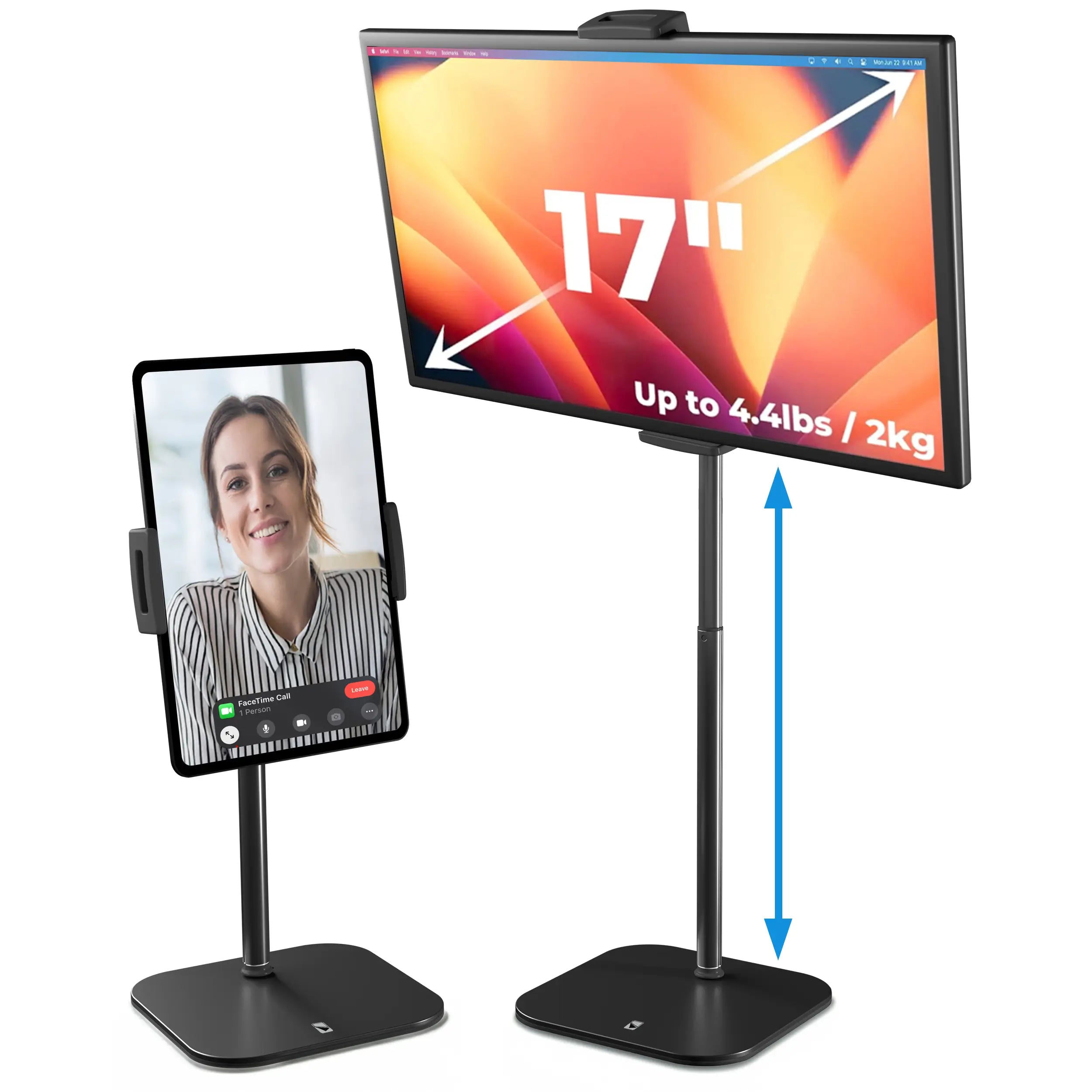 Soporte de pestañas Cooper - Soporte de monitor portátil ajustable en altura, diseño metálico/aluminio, se adapta hasta dispositivos de 17" - Diagonal, giro e inclinación de 360°, resistencia de sujeción de 4,4 lb, portátil