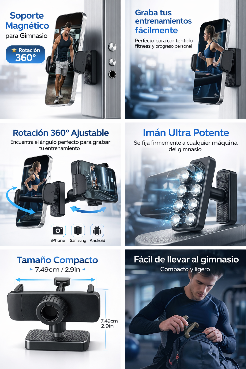 Portamóviles magnéticos para gimnasio - ajustable a 360°, soporte portátil fuerte para grabar entrenamientos, accesorios de fitness esenciales, compatible con móvil Android y iPhone 16/15/14/13/12