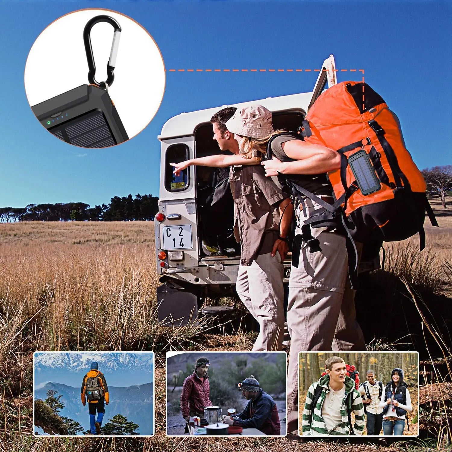 Power Bank 10000 Mah Cargador solar para teléfono, Cargador portátil Fast Charger Dual USB Dual Linterna LED y brújula integradas, Banco de Energía Portátil Impermeable IP65