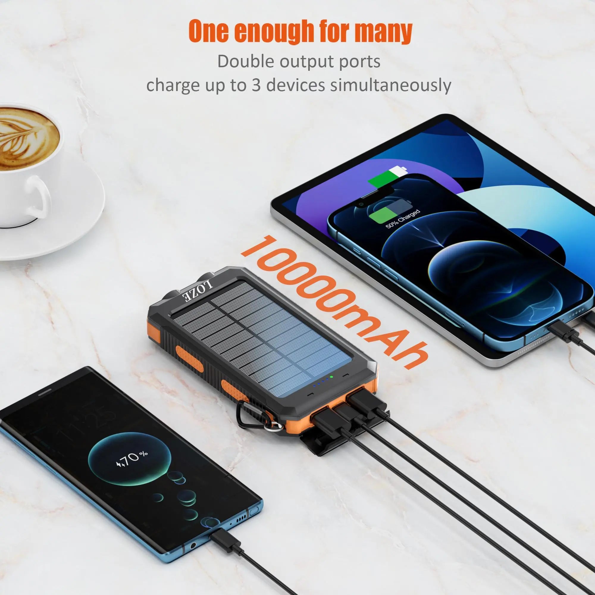 Power Bank 10000 Mah Cargador solar para teléfono, Cargador portátil Fast Charger Dual USB Dual Linterna LED y brújula integradas, Banco de Energía Portátil Impermeable IP65
